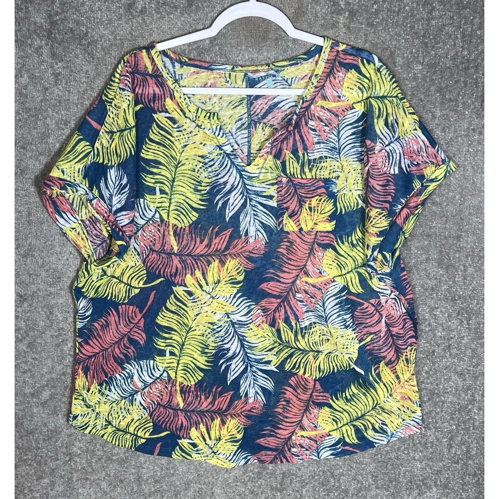 Kate & Sam Semisheer Top Womens Sz 2X Teal Pink Yellow Tropical Hawaiian Pocket
